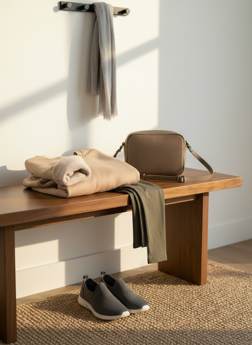 A modern entryway bench topped with a small, neatly stacked pile of athleisure essentials: a sand-colored oversized sweatshirt with a smooth, fleece-lined interior visible at the cuffs, muted olive stretch leggings rolled with precision, and a compact, minimalist crossbody bag in matte taupe. Below, a pair of slip-on sneakers with knitted uppers rests on a textured jute rug. The setting features a crisp white wall and a slim black metal coat rack in the background, softly blurred. Warm late-afternoon sunlight filters in from the right, creating long, gentle shadows and a cozy glow. Photographic realism, captured from a slightly elevated angle, conveys a polished yet relaxed atmosphere, perfect for transitioning from home lounging to quick errands in style.