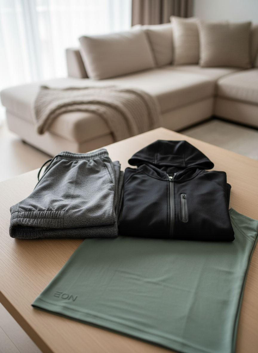 A neatly folded set of premium athleisure wear laid out on a smooth, light oak surface: a soft heather-gray jogger pant with clean tapered cuffs, a matte black performance hoodie with minimal seams, and a muted sage crewneck tee with a subtle logo at the hem. In the background, a blurred glimpse of a modern living room with a low-profile sofa and neutral textiles suggests home comfort. Gentle afternoon window light enters from the left, creating soft highlights on the fabrics’ knit textures and casting barely-there shadows. Photographic realism, shot at eye level with a shallow depth of field, emphasizes the luxurious materials and calm, professional mood, perfect for a homepage hero image for a stylish comfort brand.
