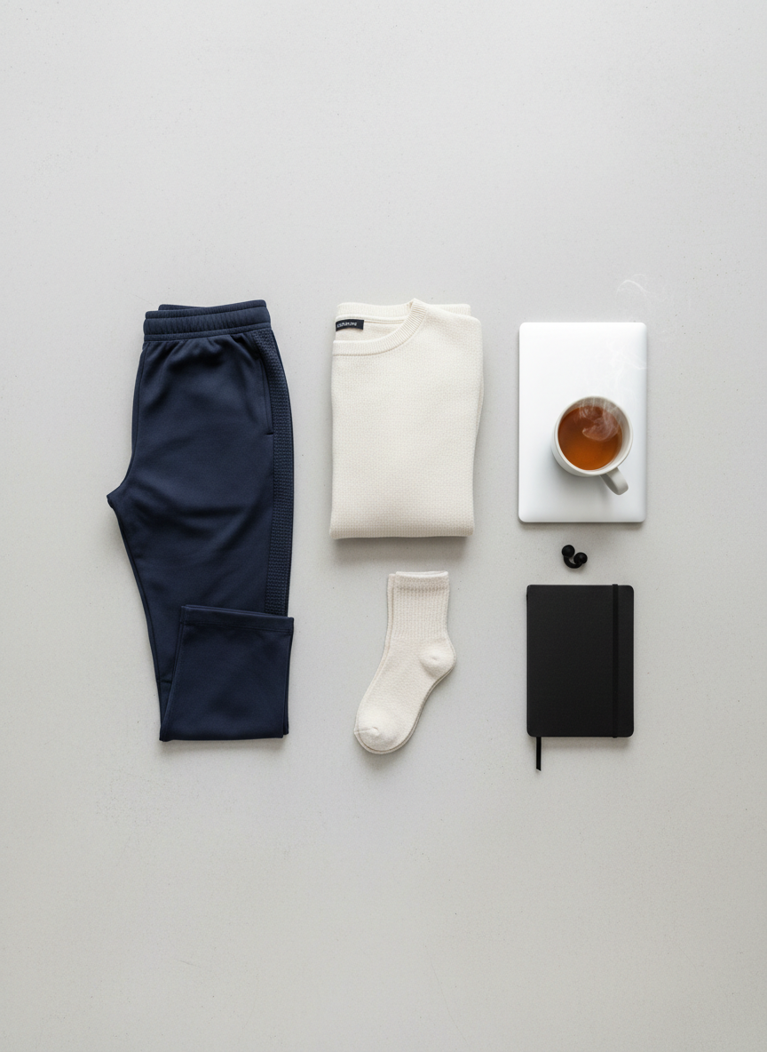 A neatly arranged flat lay of an athleisure ‘work-from-home’ setup on a pale concrete surface: a pair of sleek navy joggers with subtle textured side panels, a lightweight cream-colored pullover, and matching ankle socks made from ribbed, breathable fabric. Beside them, a closed silver laptop, a slim black notebook, and a ceramic mug filled with tea suggest productivity blended with ease. Soft, diffused overcast daylight from above creates even illumination without harsh shadows, giving a clean and professional aesthetic. Photographic realism, shot directly from overhead with sharp focus throughout, conveys an organized, modern lifestyle where stylish comfort supports focused work and effortless movement.