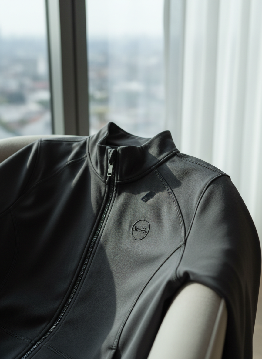 A close-up, photographic realism shot of a charcoal athleisure zip-up jacket draped over the back of a minimalist, upholstered lounge chair. The jacket’s smooth, brushed fabric and fine double stitching are sharply in focus, with a small, tasteful ScuuMe logo embossed near the zipper pull. Behind it, a large window with sheer white curtains softens the cityscape outside into a neutral blur. Late-morning natural light creates gentle gradients across the fabric, highlighting its stretch and softness. The composition uses the rule of thirds, with the jacket slightly off-center and a shallow depth of field that creates a calm, sophisticated atmosphere, highlighting the promise of relaxing in stylish comfort after a busy day.