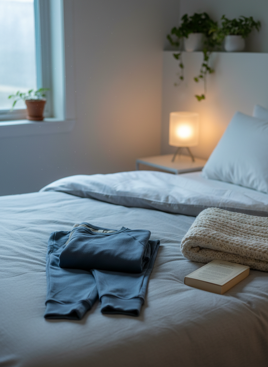 A serene bedroom scene centered on a neatly made bed with a textured, light gray duvet and smooth white sheets, where a coordinated athleisure sleep-to-lounge set is carefully placed: ultra-soft slate blue joggers and a matching long-sleeve top with flatlock seams and a brushed interior. A folded knit throw blanket and a small hardcover book rest nearby on the bed. A slim nightstand with a frosted glass lamp emits warm, diffused light, balanced by faint, cool early-morning window light from the left. Photographic realism, with an eye-level composition and moderate depth of field, creates a calm, restful atmosphere that highlights the premium comfort and understated style of the loungewear, ideal for promoting relaxation-focused collections.