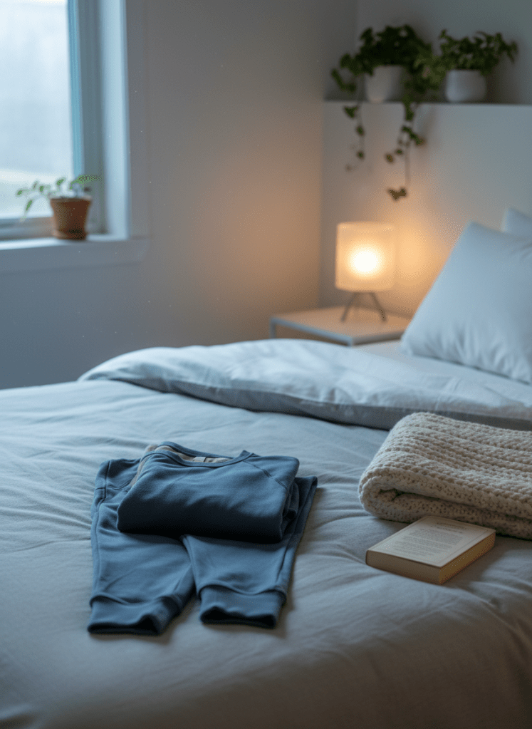 A serene bedroom scene centered on a neatly made bed with a textured, light gray duvet and smooth white sheets, where a coordinated athleisure sleep-to-lounge set is carefully placed: ultra-soft slate blue joggers and a matching long-sleeve top with flatlock seams and a brushed interior. A folded knit throw blanket and a small hardcover book rest nearby on the bed. A slim nightstand with a frosted glass lamp emits warm, diffused light, balanced by faint, cool early-morning window light from the left. Photographic realism, with an eye-level composition and moderate depth of field, creates a calm, restful atmosphere that highlights the premium comfort and understated style of the loungewear, ideal for promoting relaxation-focused collections.