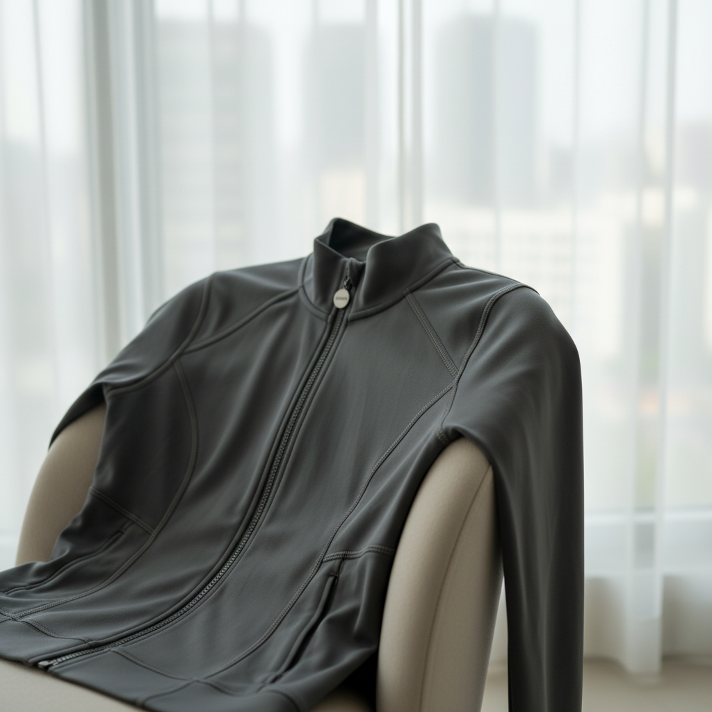 A close-up, photographic realism shot of a charcoal athleisure zip-up jacket draped over the back of a minimalist, upholstered lounge chair. The jacket’s smooth, brushed fabric and fine double stitching are sharply in focus, with a small, tasteful ScuuMe logo embossed near the zipper pull. Behind it, a large window with sheer white curtains softens the cityscape outside into a neutral blur. Late-morning natural light creates gentle gradients across the fabric, highlighting its stretch and softness. The composition uses the rule of thirds, with the jacket slightly off-center and a shallow depth of field that creates a calm, sophisticated atmosphere, highlighting the promise of relaxing in stylish comfort after a busy day.